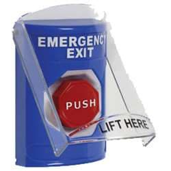 STI SS-2425EX Stopper Station with Stopper Station Shield, EMERGENCY EXIT Lettering, Blue Housing