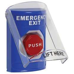 STI SS-2428EX Stopper Station with Stopper Station Shield, EMERGENCY EXIT Lettering, Blue Housing