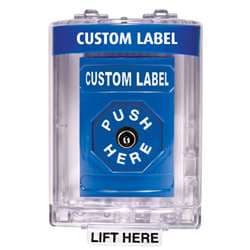 STI SS-2430 Stopper Station with Mini Stopper II Cover without Horn, Custom Lettering, Blue Housing