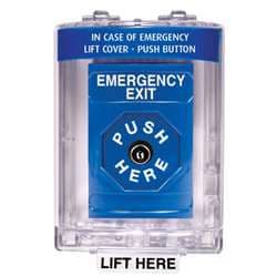 STI SS2430EX Stopper Station with Mini Stopper II Cover without Horn, EMERGENCY EXIT Lettering, Blue Housing