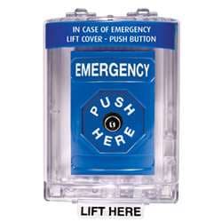 STI SS2440E Stopper Station with Mini Stopper II Cover with Horn, EMERGENCY Lettering, Blue Housing