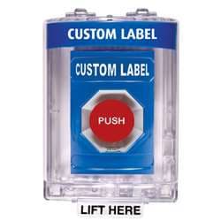 STI SS-2441 Stopper Station with Mini Stopper II Cover with Horn, Custom Lettering, Blue Housing