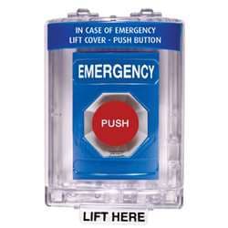 STI SS-2441E Stopper Station with Mini Stopper II Cover with Horn, EMERGENCY Lettering, Blue Housing