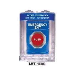STI SS2441EX Stopper Station with Mini Stopper II Cover with Horn, EMERGENCY EXIT Lettering, Blue Housing