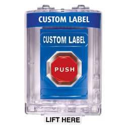 STI SS-2442 Stopper Station with Mini Stopper II Cover with Horn, Custom Lettering, Blue Housing