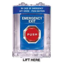 STI SS2442EX Stopper Station with Mini Stopper II Cover with Horn, EMERGENCY EXIT Lettering, Blue Housing