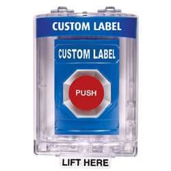 STI SS2444 Stopper Station with Mini Stopper II Cover with Horn, Custom Lettering, Blue Housing