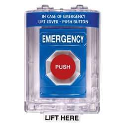 STI SS2444E Stopper Station with Mini Stopper II Cover with Horn, EMERGENCY Lettering, Blue Housing