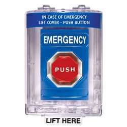 STI SS-2445E Stopper Station with Mini Stopper II Cover with Horn, EMERGENCY Lettering, Blue Housing
