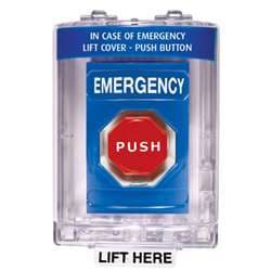 STI SS-2449E Stopper Station with Mini Stopper II Cover with Horn, EMERGENCY Lettering, Blue Housing