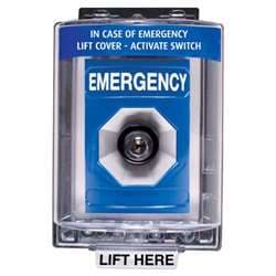 STI SS2453E Stopper Station with Mini Weather Stopper Cover, EMERGENCY Lettering, Blue Housing