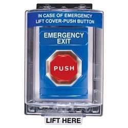 STI SS2455EX Stopper Station with Mini Weather Stopper Cover, EMERGENCY EXIT Lettering, Blue Housing