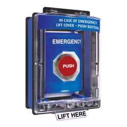 STI SS2461E Stopper Station with Mini Weather Stopper Cover with Spacer, EMERGENCY Lettering, Blue Housing