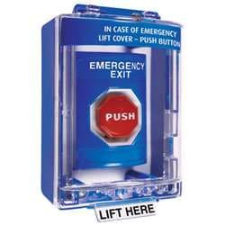 STI SS2482EX Stopper Station with Mini Stopper II Cover with Spacer, EMERGENCY EXIT Lettering, Blue Housing