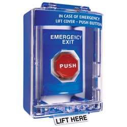 STI SS-2488EX Stopper Station with Mini Stopper II Cover with Spacer, EMERGENCY EXIT Lettering, Blue Housing