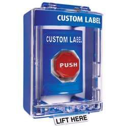 STI SS-2489 Stopper Station with Mini Stopper II Cover with Spacer, Custom Lettering, Blue Housing