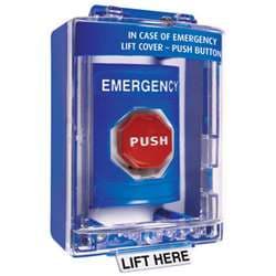 STI SS-2489E Stopper Station with Mini Stopper II Cover with Spacer, EMERGENCY Lettering, Blue Housing