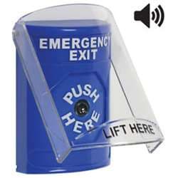 STI SS-24A0EX Stopper Station with Stopper Station Shield with Sound, EMERGENCY EXIT Lettering, Blue Housing