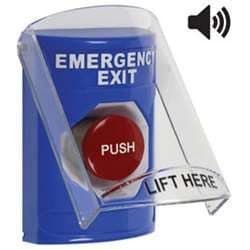 STI SS 24A1EX Stopper Station with Stopper Station Shield with Sound, EMERGENCY EXIT Lettering, Blue Housing