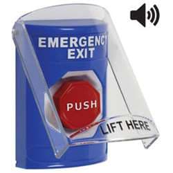 STI SS24A8EX Stopper Station with Stopper Station Shield with Sound, EMERGENCY Exit Lettering, Blue Housing