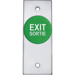 Camden 4100GE 1-5/8" Green Mushroom Pushbutton (EXIT), Aluminum Narrow Faceplate, Spring Return, N/O, Momentary, Brushed Aluminum