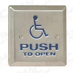 Camden CM-454-DP 4-1/2" Square Push Plate Switch, Concealed Screws, ADA Logo and PUSH TO OPEN, DPDT, Bright Stainless Steel