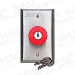 SDC 432KNUR Exit Switch, Narrow 1-1/2" Mushroom, Momentary, Stainless Steel, Green Button, Latching Key with Reset