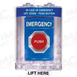 STI SS-2434E Stopper Station with Mini Stopper II Cover without Horn, EMERGENCY Lettering, Blue Housing