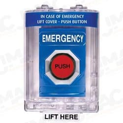 STI SS-2447E Stopper Station with Mini Stopper II Cover with Horn, EMERGENCY Lettering, Blue Housing