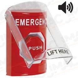 STI SS-20A2E Stopper Station with Stopper Station Shield with Sound, EMERGENCY Lettering, Red Housing