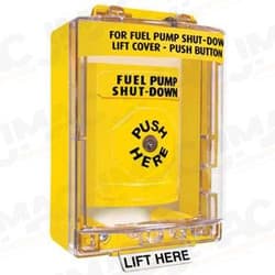 STI SS-2270PS Stopper Station with Mini Stopper II Cover with Spacer, FUEL PUMP SHUT-DOWN Lettering, Yellow Housing