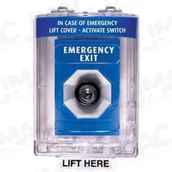 STI SS-2443EX Stopper Station with Mini Stopper II Cover with Horn, EMERGENCY EXIT Lettering, Blue Housing