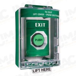 STI SS-2187X Stopper Station with Mini Stopper II Cover with Horn and Spacer, EXIT Lettering, Green Housing