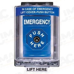 STI SS-2450E Stopper Station with Mini Weather Stopper Cover, EMERGENCY Lettering, Blue Housing