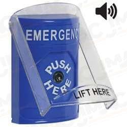 STI SS-24A0E Stopper Station with Stopper Station Shield with Sound, EMERGENCY Lettering, Blue Housing