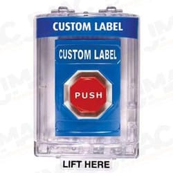 STI SS-2438 Stopper Station with Mini Stopper II Cover without Horn, Custom Lettering, Blue Housing