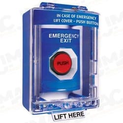STI SS-2477EX Stopper Station with Mini Stopper II Cover with Spacer, EMERGENCY EXIT Lettering, Blue Housing