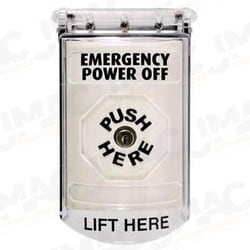 STI SS-2310PO Stopper Station with Bopper Stopper Cover, EMERGENCY POWER OFF Lettering, White Housing
