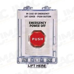 STI SS-2349PO Stopper Station with Mini Stopper II Cover with Horn, EMERGENCY POWER OFF Lettering, White Housing