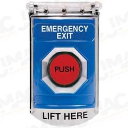 STI SS-2417EX Stopper Station with Bopper Stopper Cover, EMERGENCY EXIT Lettering, Blue Housing