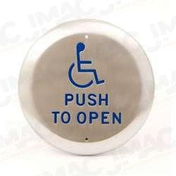 Camden CM-40-4AR-WT-PB 4 1/2" Round Push Plate Switch, SPDT, ADA Logo with Right Arrow, PUSH TO OPEN Lettering, Polished Brass, Weather Resistant Boot, Water Tight Coating