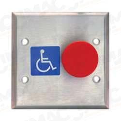 Camden CM-510-3F 1-5/8" Mushroom Pushbutton, Double Gang Stainless Steel Faceplate, POUSSEZ POUR OUVRIR, N/C, Red Button