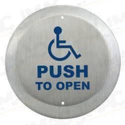 Camden CM-404 4 1/2" Round Push Plate Switch, SPDT, ADA Logo & PUSH TO OPEN Lettering, Bright Stainless Steel