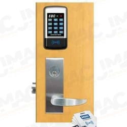 Security Door Controls SDC E76PSQLNED Digital Keypad with Prox Reader and Bluetooth Enabled Software, with Mortise Lock, Dull Chrome Keypad, Left Handed, Nova with Escutcheon Lock Lever Trim, Dull Brass Lock Finish