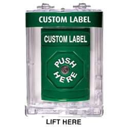 STI SS-2130 Stopper Station, with Mini Stopper II Cover without Horn, Custom Lettering, Green Housing