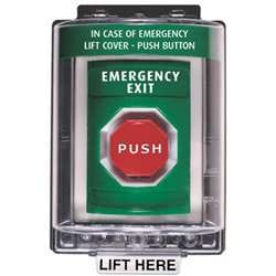 STI SS2155EX Stopper Station with Mini Weather Stopper Cover, EMERGENCY EXIT Lettering, Green Housing