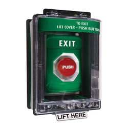 STI SS-2161X Stopper Station with Mini Weather Stopper Cover with Spacer, EXIT Lettering, Green Housing