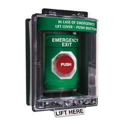 STI SS-2164-EX Stopper Station with Mini Weather Stopper Cover with Spacer, EMERGENCY EXIT Lettering, Green Housing