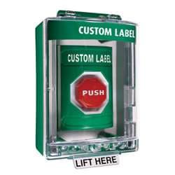 STI SS-2188 Stopper Station with Mini Stopper II Cover with Horn and Spacer, Custom Lettering, Green Housing