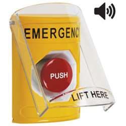 STI SS-22A1E Stopper Station with Stopper Station Shield with Sound, EMERGENCY Lettering, Yellow Housing